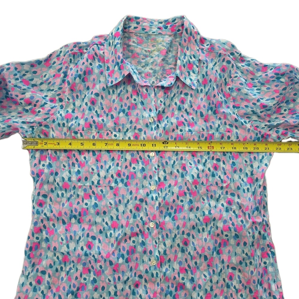 Lilly Pulitzer Sea View Linen Button Down Shirt XL Hottie Dottie Pink Blue - Picture 3 of 5